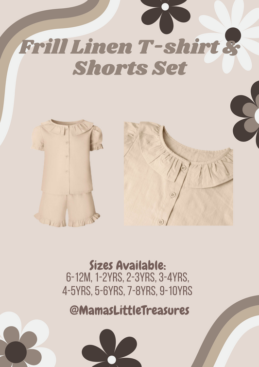 Beige Frill Linen T-shirt & Short Set