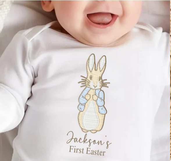 Personalised Embroidery Style Flopsy First Easter Bunny Baby Vest