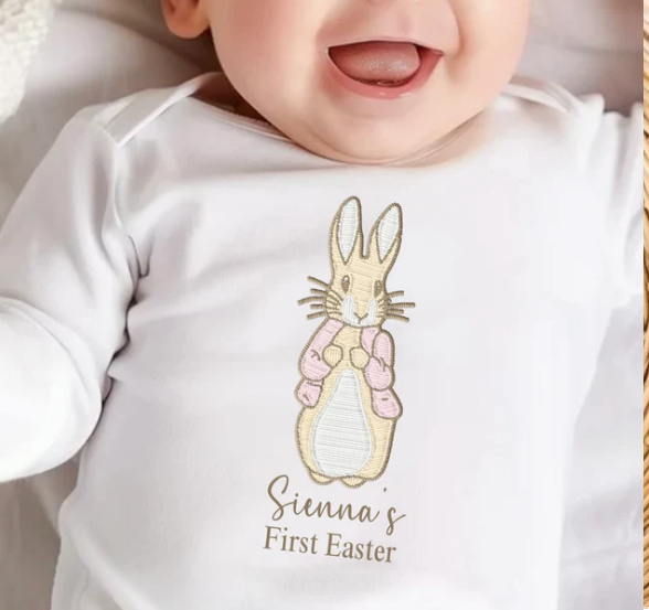 Personalised Embroidery Style Flopsy First Easter Bunny Baby Vest