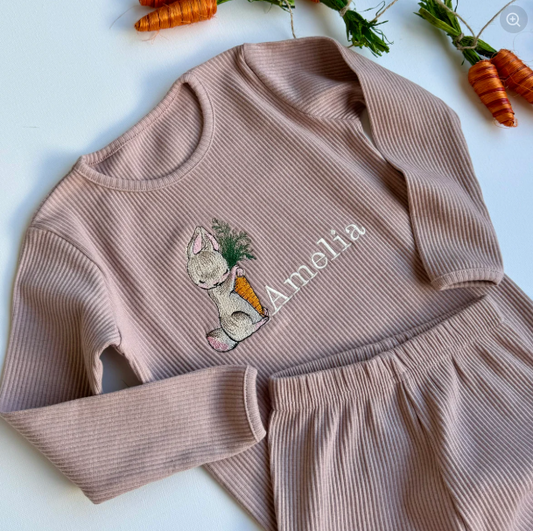 Matching Personalised Embroidered Easter Bunny Mama Mini Ribbed Loungset