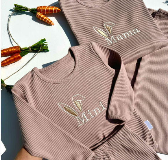 Matching Personalised Embroidered Easter Mama Mini Ribbed Loungset